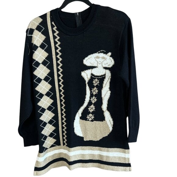 Vintage Funky Sweater Woman with Hat Sunglasses Black Taupe - Picture 1 of 9